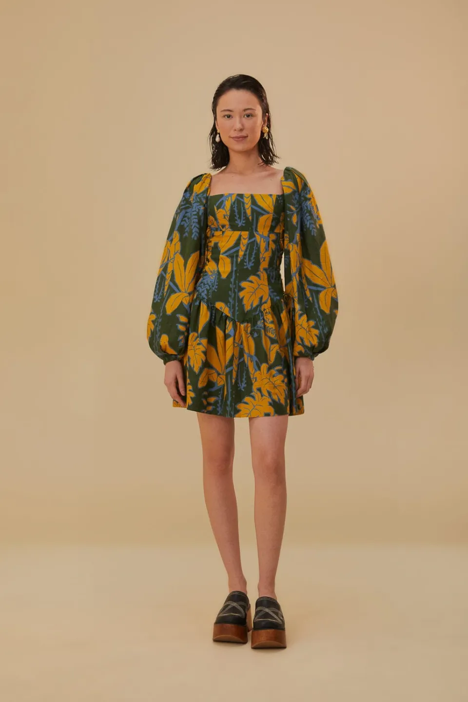 FARM Rio Green Foliage Sketch Lenzing™ Ecovero™ Euroflax™ Mini Dress New