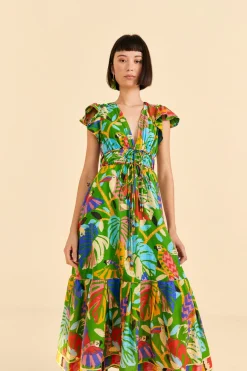 FARM Rio Green Forest Birds Midi Dress New