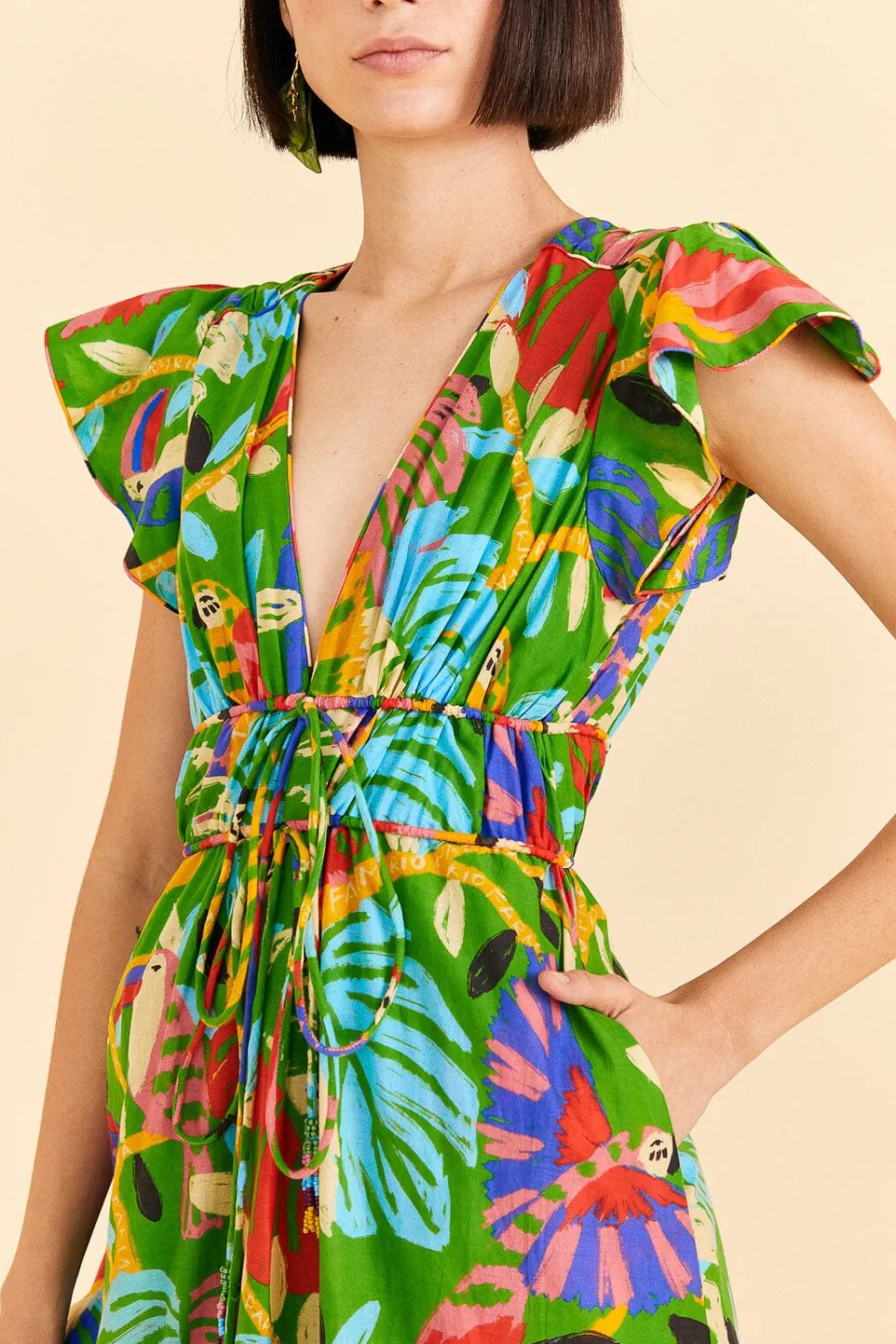 FARM Rio Green Forest Birds Midi Dress New