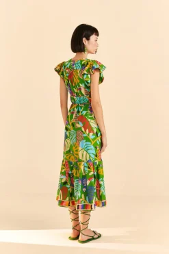 FARM Rio Green Forest Birds Midi Dress New
