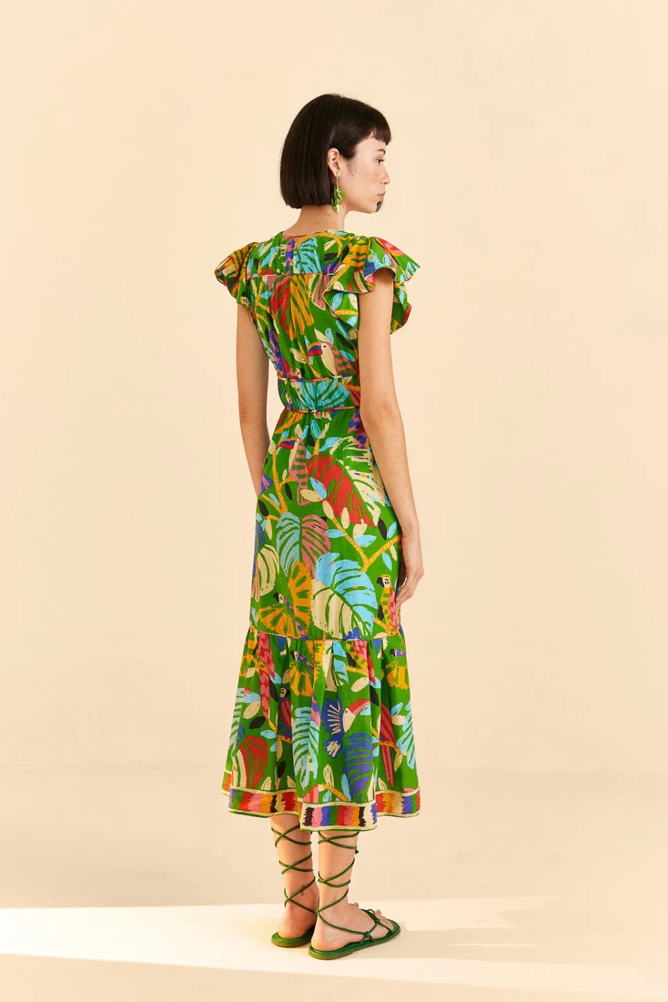 FARM Rio Green Forest Birds Midi Dress New