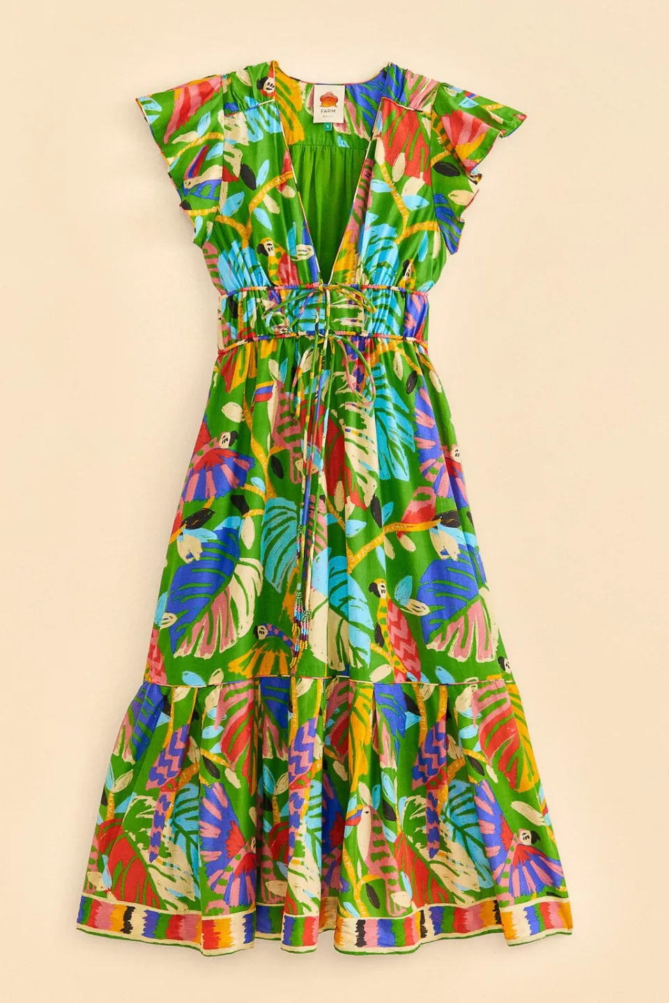 FARM Rio Green Forest Birds Midi Dress New