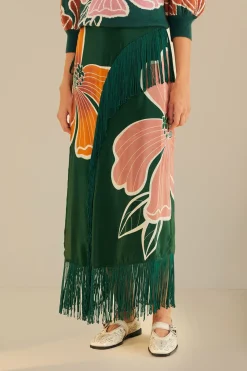FARM Rio Green Honolulu Flowers Fringe Maxi Skirt Outlet