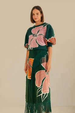FARM Rio Green Honolulu Flowers Fringe Maxi Skirt Outlet
