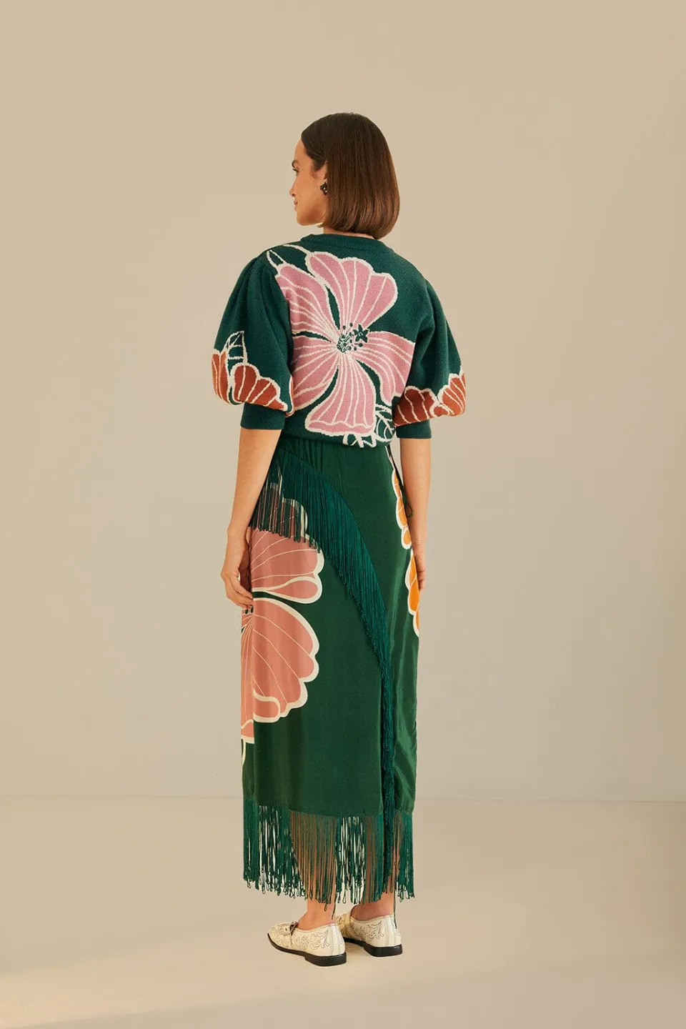 FARM Rio Green Honolulu Flowers Fringe Maxi Skirt Outlet