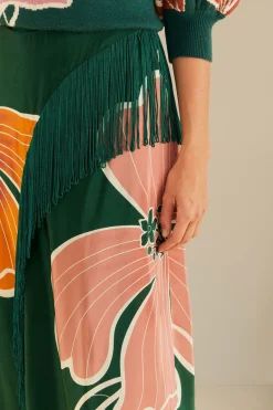 FARM Rio Green Honolulu Flowers Fringe Maxi Skirt Outlet