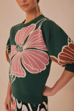 FARM Rio Green Honolulu Flowers Knit Sweater Clearance