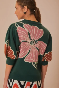FARM Rio Green Honolulu Flowers Knit Sweater Clearance