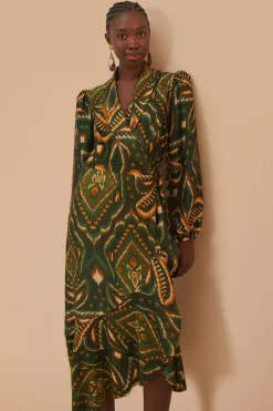 FARM Rio Green Pineapple Ikat Long Sleeve Midi Dress Online
