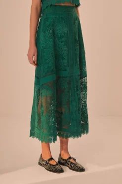 FARM Rio Green Toucans Guipure Midi Skirt Clearance