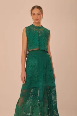 FARM Rio Green Toucans Guipure Midi Skirt Clearance
