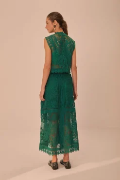 FARM Rio Green Toucans Guipure Midi Skirt Clearance