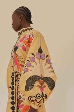 FARM Rio Khaki Flower Bird Embroidered Midi Dress Best