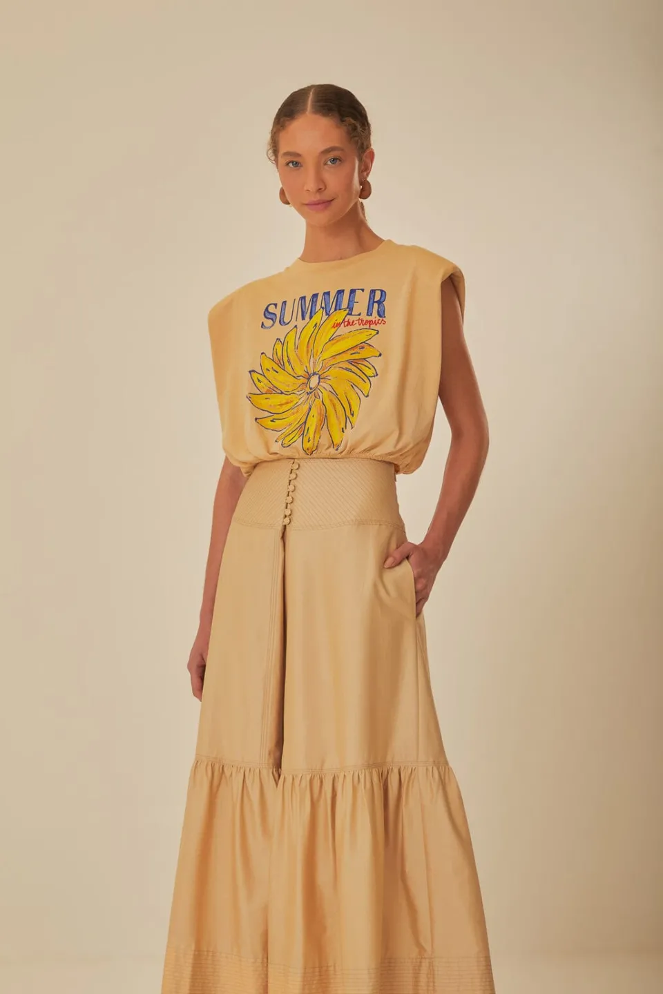 FARM Rio Khaki Topstitching Yoke Organic Cotton Maxi Skirt Sale