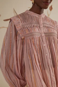 FARM Rio Light Pink Pleated Yoke Long Sleeve Blouse Outlet