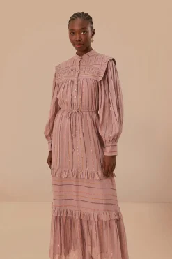 FARM Rio Light Pink Pleated Yoke Tiered Maxi Dress Hot
