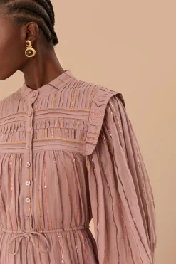 FARM Rio Light Pink Pleated Yoke Tiered Maxi Dress Hot