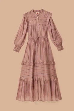 FARM Rio Light Pink Pleated Yoke Tiered Maxi Dress Hot