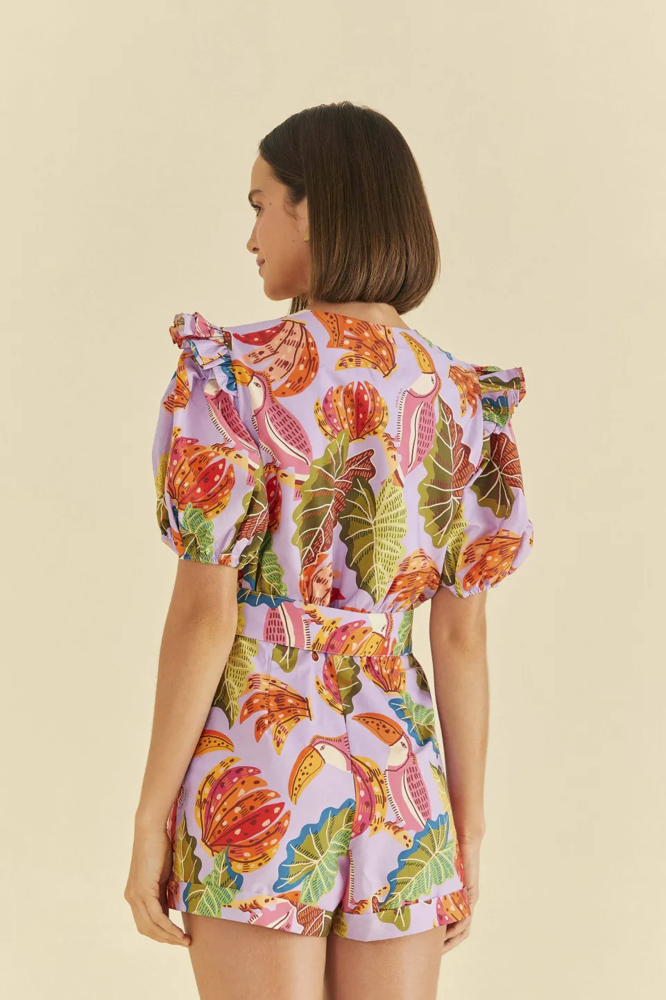 FARM Rio Lilac Romper | V neck | Beaks & Bananas Print Sale