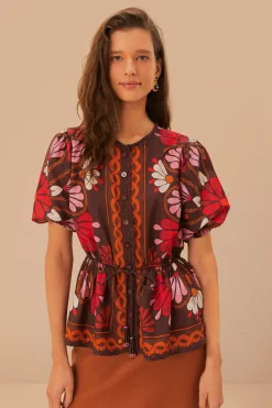 FARM Rio Miranda Brown Short Sleeve Blouse New