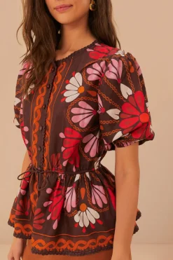 FARM Rio Miranda Brown Short Sleeve Blouse New