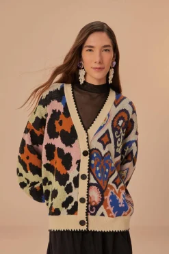 FARM Rio Mixed Ikat Hearts Knit Cardigan New