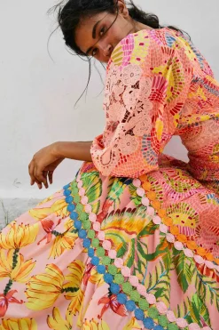 FARM Rio Mixed Pink Prints Midi Skirt New