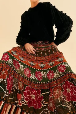 FARM Rio Multicolor Ainika Floral Garden Tiered Maxi Skirt Best