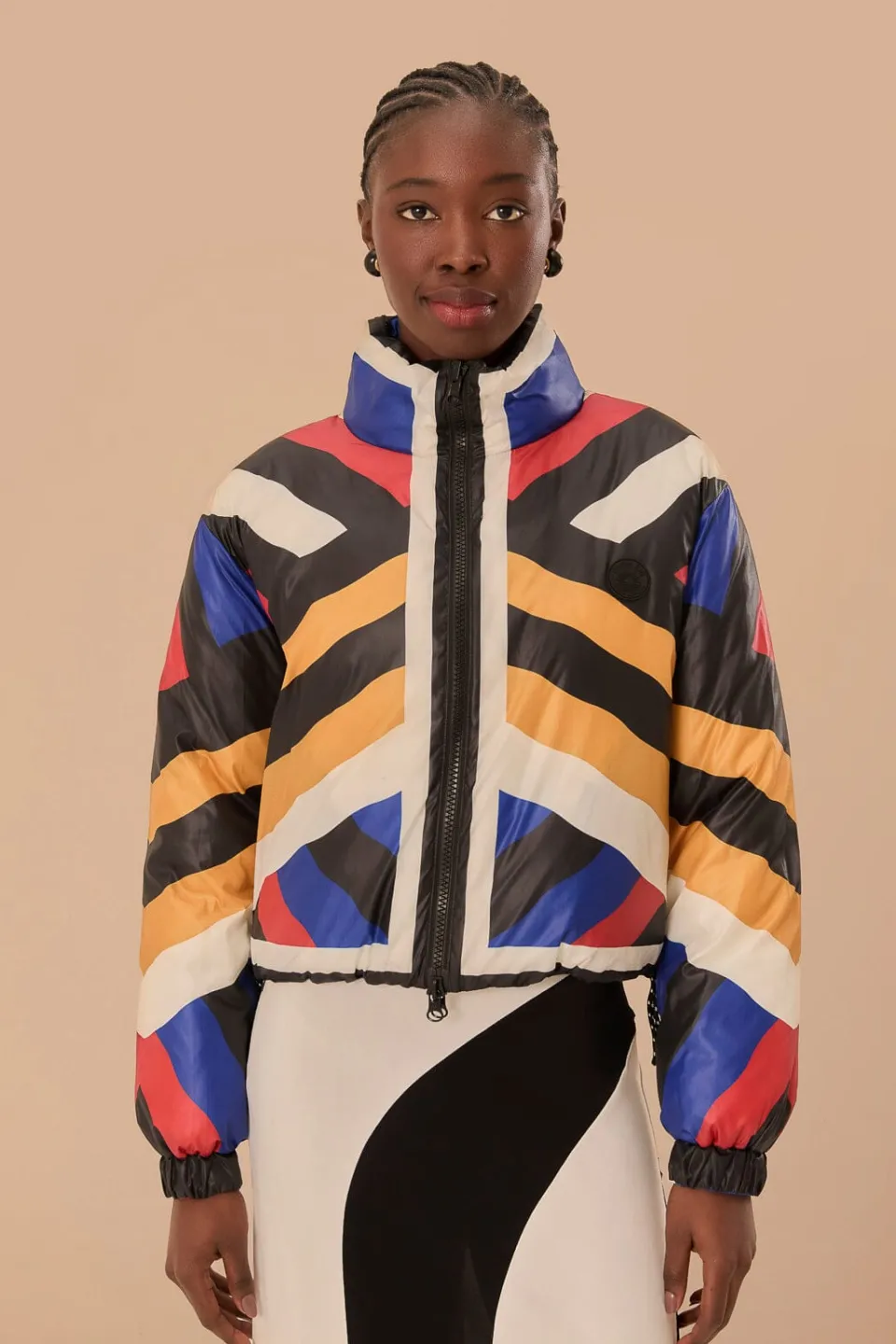 FARM Rio Multicolor Amanda Stripes Toucan Reversible Puffer Jacket Hot