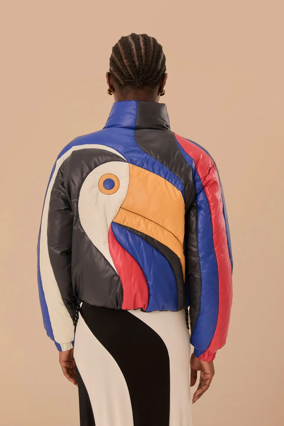 FARM Rio Multicolor Amanda Stripes Toucan Reversible Puffer Jacket Hot