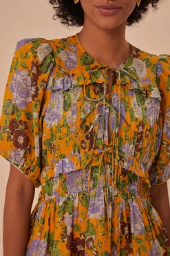 FARM Rio Mustard Capri Floral Short Sleeve Blouse Outlet