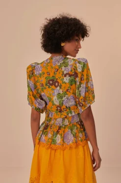 FARM Rio Mustard Capri Floral Short Sleeve Blouse Outlet
