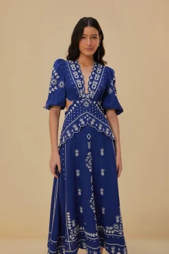 FARM Rio Navy Blue Embroidered Cut-Out Midi Dress