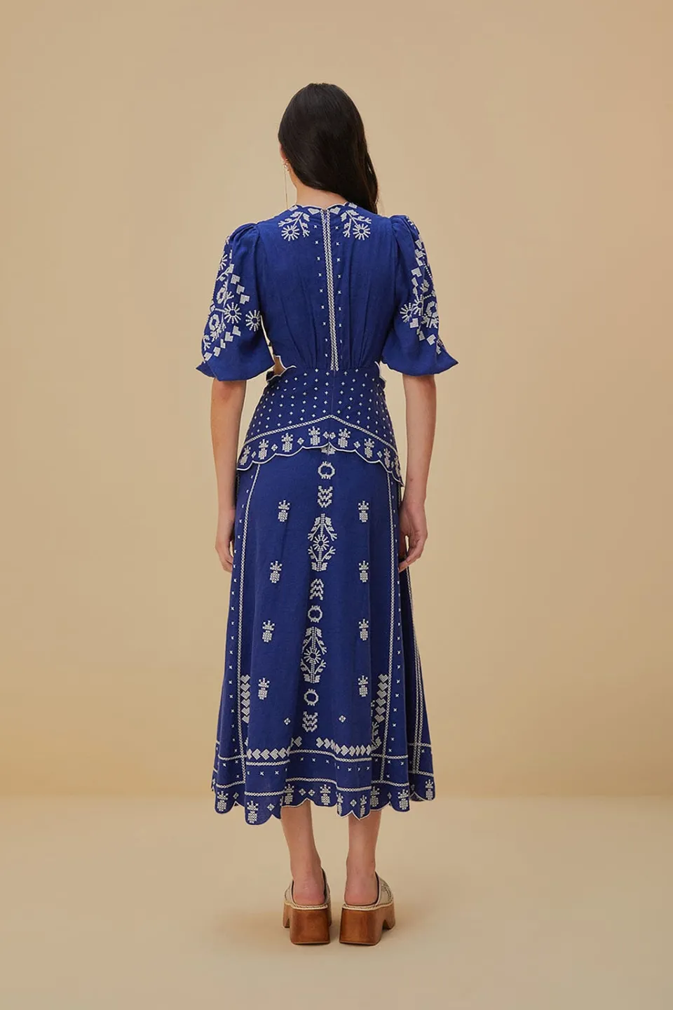 FARM Rio Navy Blue Embroidered Cut-Out Midi Dress
