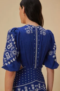 FARM Rio Navy Blue Embroidered Cut-Out Midi Dress