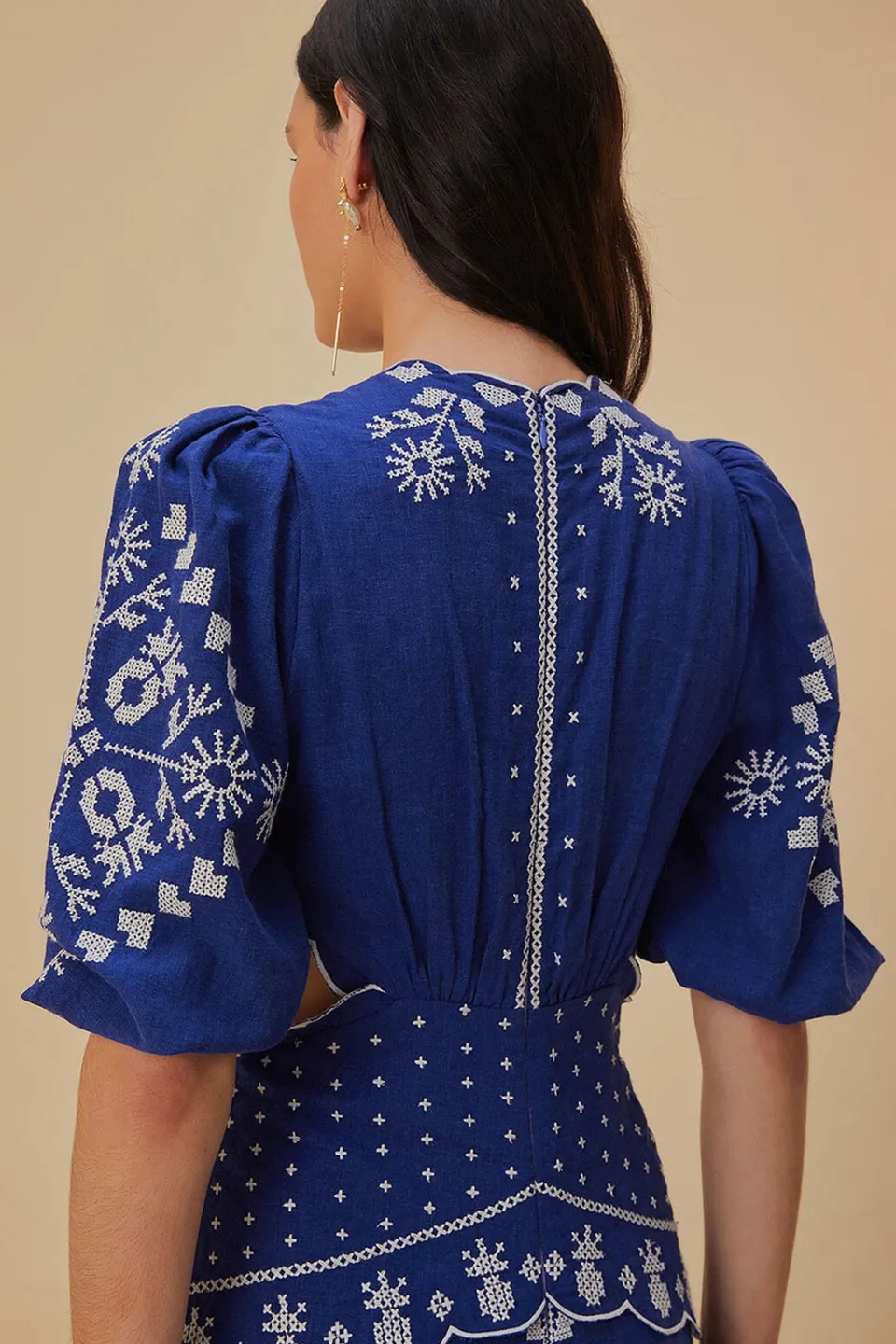 FARM Rio Navy Blue Embroidered Cut-Out Midi Dress