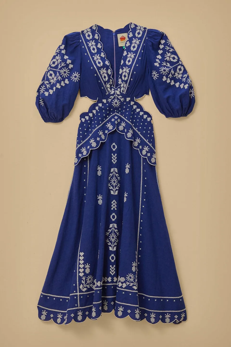 FARM Rio Navy Blue Embroidered Cut-Out Midi Dress