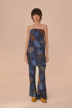 FARM Rio Navy Blue Night Jungle Strapless Blouse Hot
