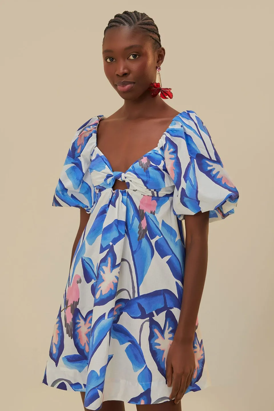 FARM Rio Off-White Blue Foliage Mini Dress Clearance