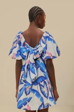 FARM Rio Off-White Blue Foliage Mini Dress Clearance