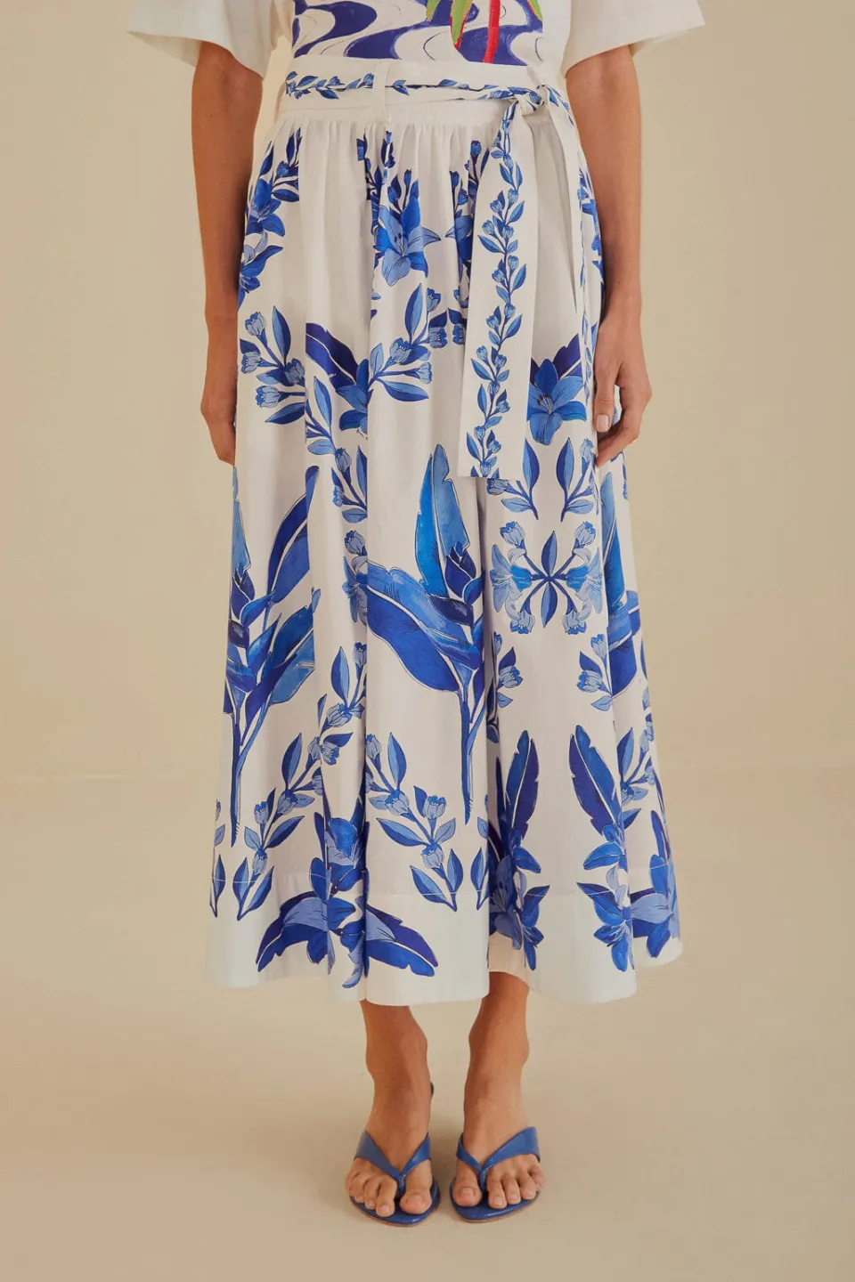 FARM Rio Off-White Blue Yard Organic Cotton Midi Skirt Online