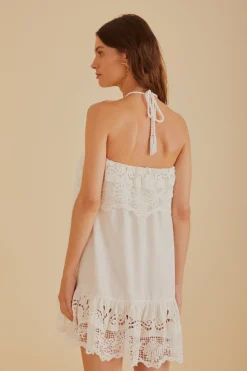 FARM Rio Off-White Embroidered Guipure Euroflax™ Premium Linen Mini Dress Clearance