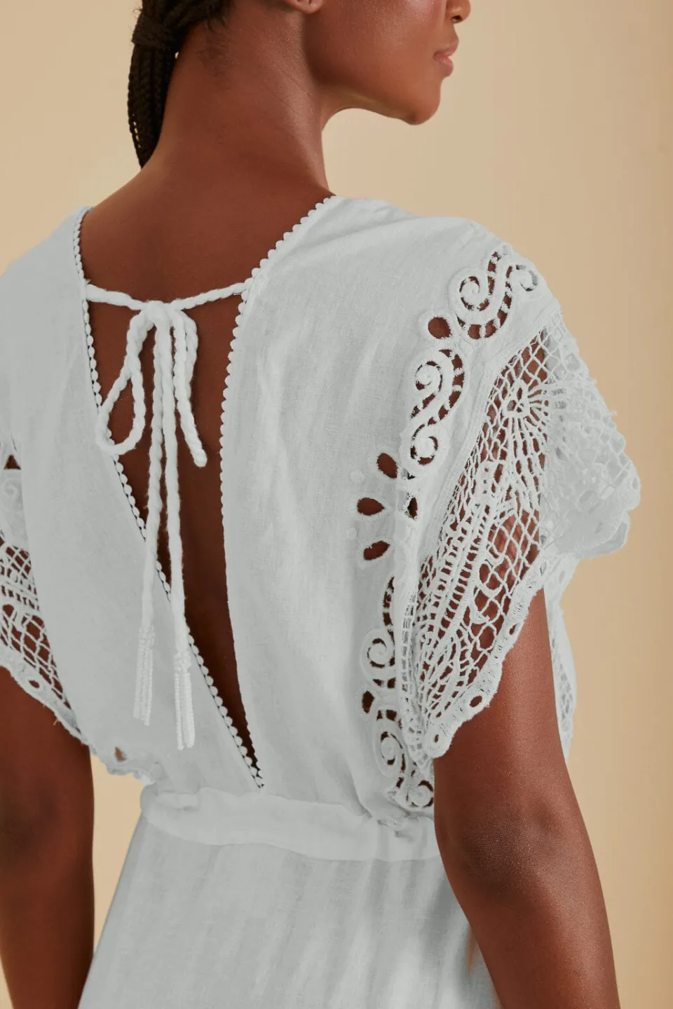 FARM Rio Off-White Embroidered Guipure Euroflax™ Premium Linen Midi Dress