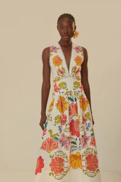 FARM Rio Off-White Floral Insects Euroflax™ Premium Linen Maxi Dress New