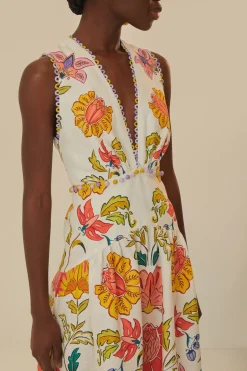 FARM Rio Off-White Floral Insects Euroflax™ Premium Linen Maxi Dress New