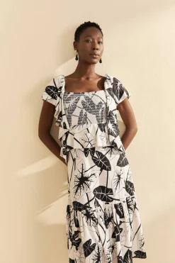 FARM Rio Off-White Graphic Leaves Midi Dress