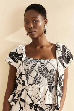 FARM Rio Off-White Graphic Leaves Midi Dress
