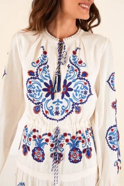 FARM Rio Off-White Navy Embroidered Midi Dress