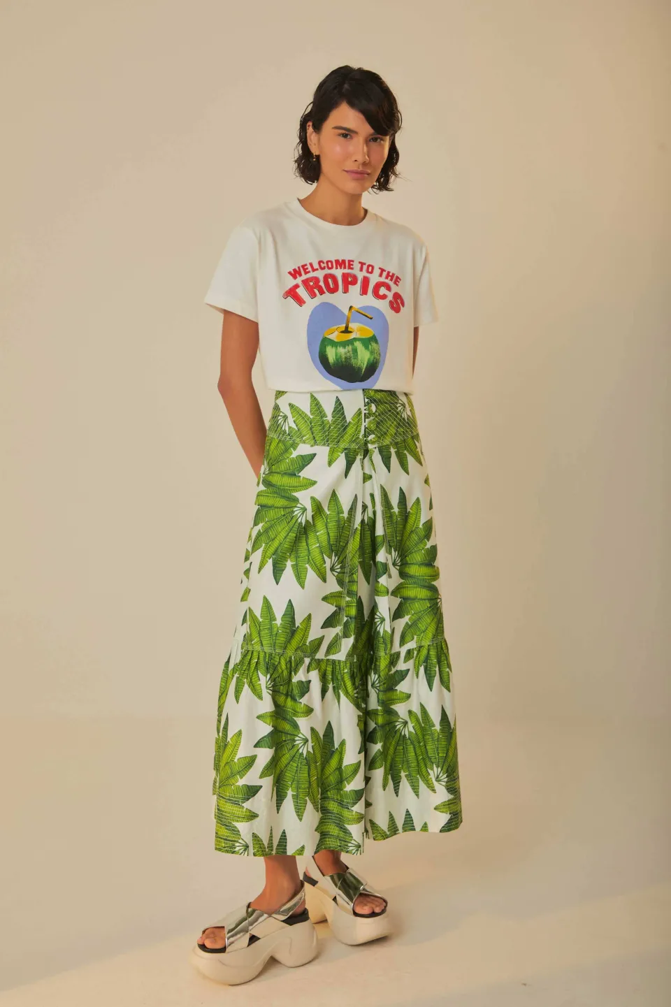 FARM Rio Off-White Palm Fan Organic Cotton Maxi Skirt Hot