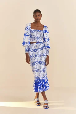 FARM Rio Off-White Pitta Waves Smocked Blouse Hot